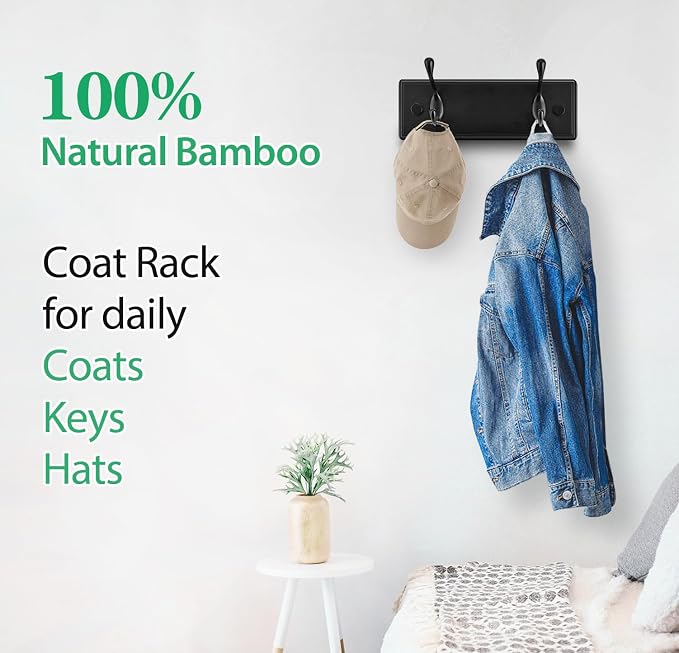 Badiano Wooden Coat Rack, Wall-Mounted Organizer for Closet, Entryway, Hallway, Foyer, Bedroom, Heavy Duty Double Hooks for Hanging Towels, Bags, Hats, Jackets, Key (Black, 2 Hooks)