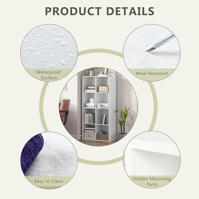 VDNEND Wooden Storage Organizer with Closed Back Panel, 11in Cube Shelf Opening, Bookshelf, Display Shelf,Closet Cabinet for Home and Office Embossed White, 8-Cube (47.8L*9.45W*24.09H)