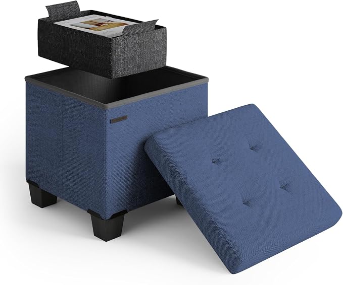 Storage Ottoman Cube with Small Bin, 15-in Square Ottoman with Storage for Living Room and Bedroom, Small Ottomans Foot Rest, Fabric Foot Stools Ottomans Max 330lbs, Blue