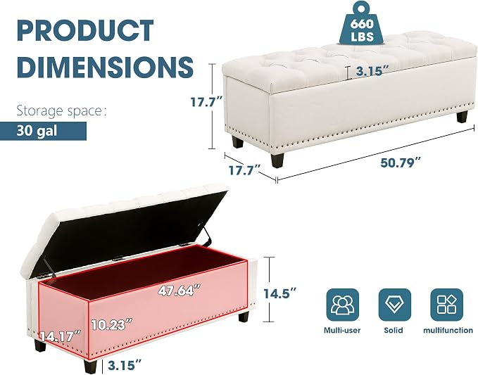 Grepatio 51" Ottoman Storage Benches, 30 Gallons End of Bed Storage Bench, Large Rectangular Ottoman, Button-Tufted Ottoman with Storage for Living Room Bedroom, Foot of Bed (Beige)