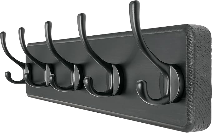 Coat Rack Wall Mount: Modern, Patented, Heavy-Duty, 17.4" Long 5-Double-Hooks Wooden Hanger Hook Rail for Winter Coats Hat Jacket Clothing, Black