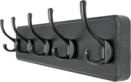 Coat Rack Wall Mount: Modern, Patented, Heavy-Duty, 17.4" Long 5-Double-Hooks Wooden Hanger Hook Rail for Winter Coats Hat Jacket Clothing, Black