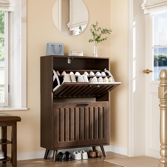 Shoe Storage Cabinet with 2 Flip Drawers, Modern Freestanding Organizer with Adjustable Shelf, Narrow Shoe Rack Cabinet for Entryway, Walnut