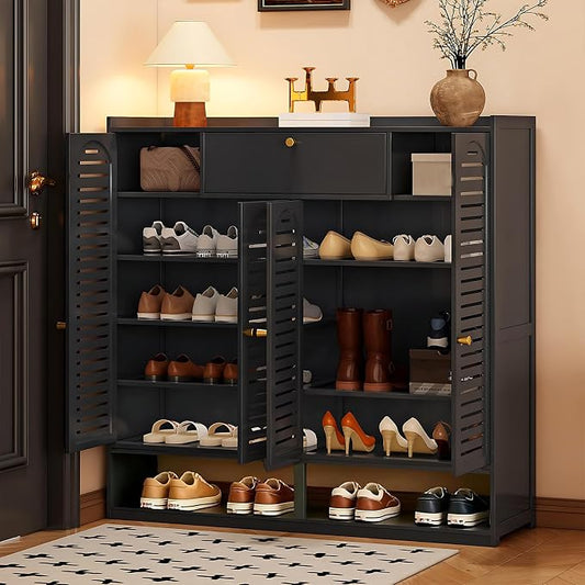 Shoe Cabinet with Louvered Doors, Freestanding Entryway Shoe Storage Cabinet with Drawer & Open Compartment, Modern Bamboo Shoe Rack Organizer with Thickened Adjustable Shelves for Closet