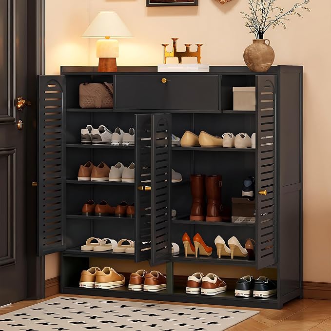 Shoe Cabinet with Louvered Doors, Freestanding Entryway Shoe Storage Cabinet with Drawer & Open Compartment, Modern Bamboo Shoe Rack Organizer with Thickened Adjustable Shelves for Closet