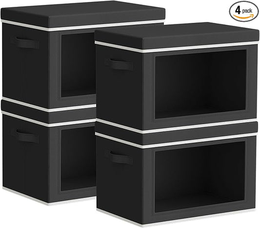 Storage Bins with Lids - Small Fabric Organizers with Window, Collapsible Storage Bins for Clothes, Decorative Closet Organizers for Towels, Tshirt, 4 Pack, Black