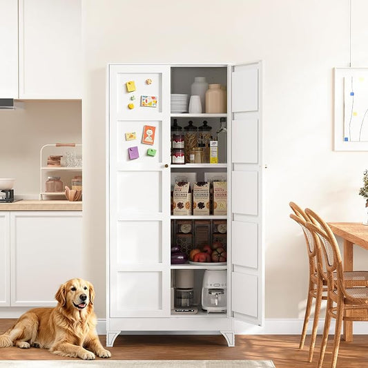 Yizosh Metal Storage Cabinet with 2 Doors and 4 Adjustable Shelves,- 72" White Kitchen Pantry Storage Cabinet for Kitchen,Living Room,Dining Room