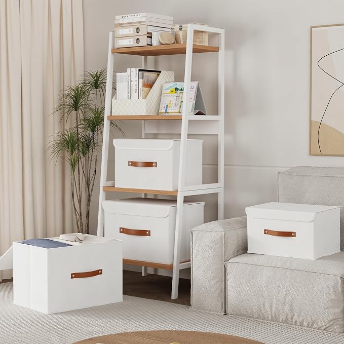 Yawinhe Storage Boxes, Set of 3 Fabric Crates, 13 x 23 x 20 cm, White | Fabric storage for the home; washable crate with handle; folding pang baskets; non-woven baskets for cupboards