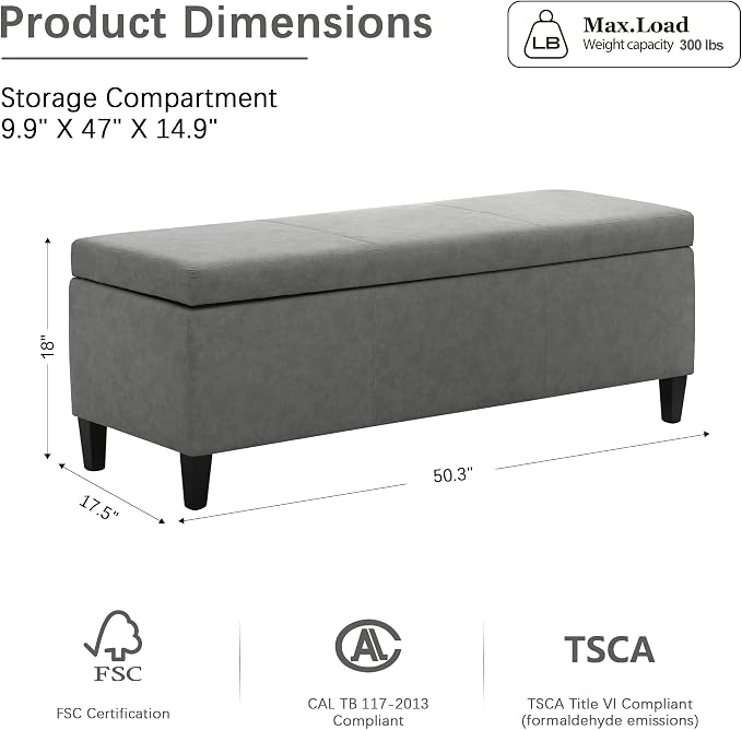 Storage Ottoman Bench 50.3" Faux Leather Upholstered End of Bed Bench, Grey | Hidden Storage Accent Ottoman for Living Room, Bedroom, Entryway, Wooden Legs, Safety Hinges, Load up to 300lb