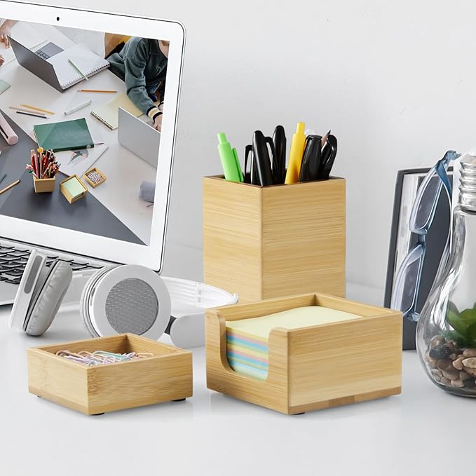 Desk Organizer Set of 3 - Bamboo Office Desk Accessories - Desk Organizers and Accessories for Women Men - Set incl. Pencil Pen Holder, Paperclip Storage and Sticky Note Holder