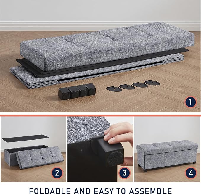 Ornavo Home 43" Large Storage Ottoman Bench with Legs, Gray | Foot Rest Stool; Ottoman with Hidden Storage; Ideal for Bedroom, Living Room, Entryway or Home Office