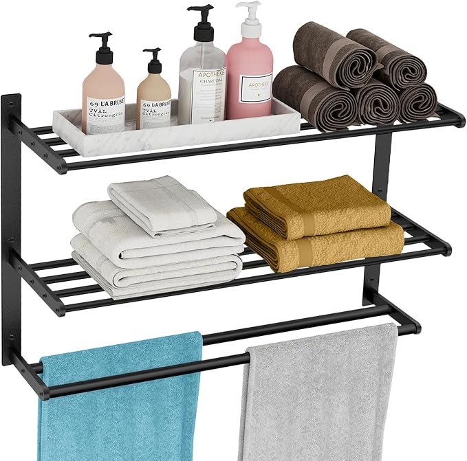 KLJKPA 24 Inch Towel Racks for Bathroom Wall-Mount, 3-Tier, Black | Towel Shelf with Double Towel Bar, Towel Holder, Towel Storage for Bathroom Lavatory, Stainless Steel, Space Saving