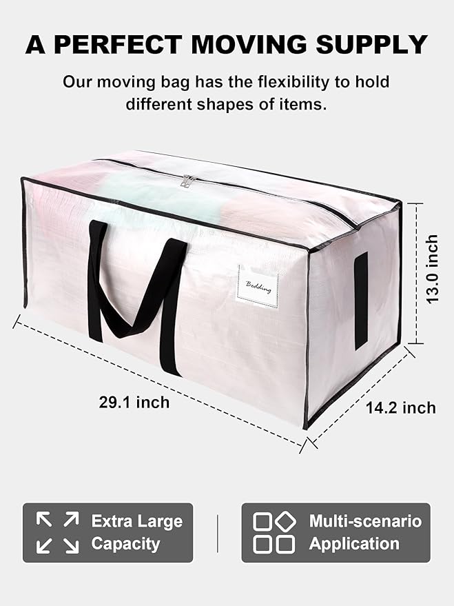 HOMESURE Supports 200lbs Heavy Duty Moving Bags - Strong Zipper & Wrap-Around Handles - Water-Resistant Storage Totes, Durable Alternative to Moving Boxes - 4 Pack - Semi-Transparent