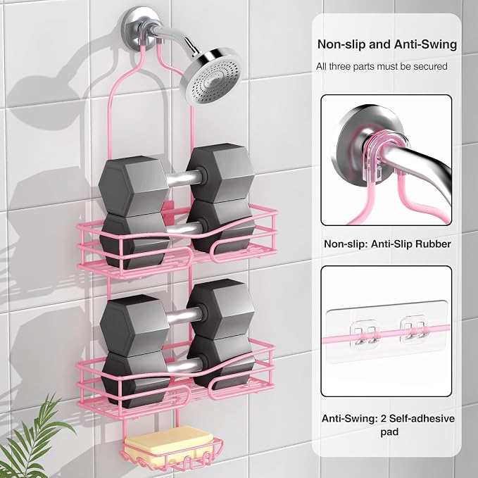 DAOYA Pink 3-Tier Over Head Shower Caddy with Soap Holder & 6 Hooks - Hanging Shower Caddy for Bathroom Organizer