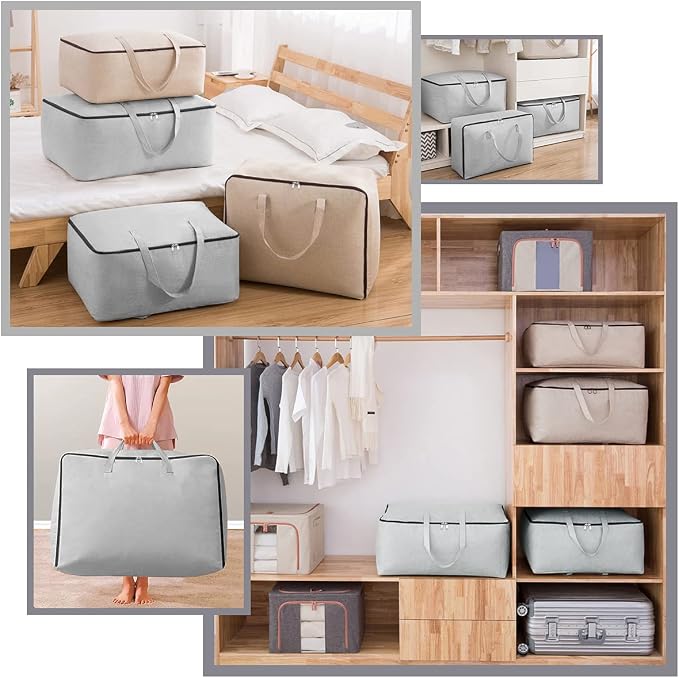 3pcs Cotton Clothes Bedding Storage Organizer Bins with Handles 3-side Zip | Breathable Canvas, Soft Storage Bins, Good for winter Clothes, Sweaters blankets, duvets, pillows Organizer, Beige, washable
