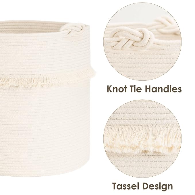 CherryNow 60L Woven Rope Baby Basket with Tassel, 17" x 16", Off-white | Decorative Boho Laundry Basket for Blankets & Towels Storage, Fits Living Room & Nursery Home Decor, with Knotted Handles