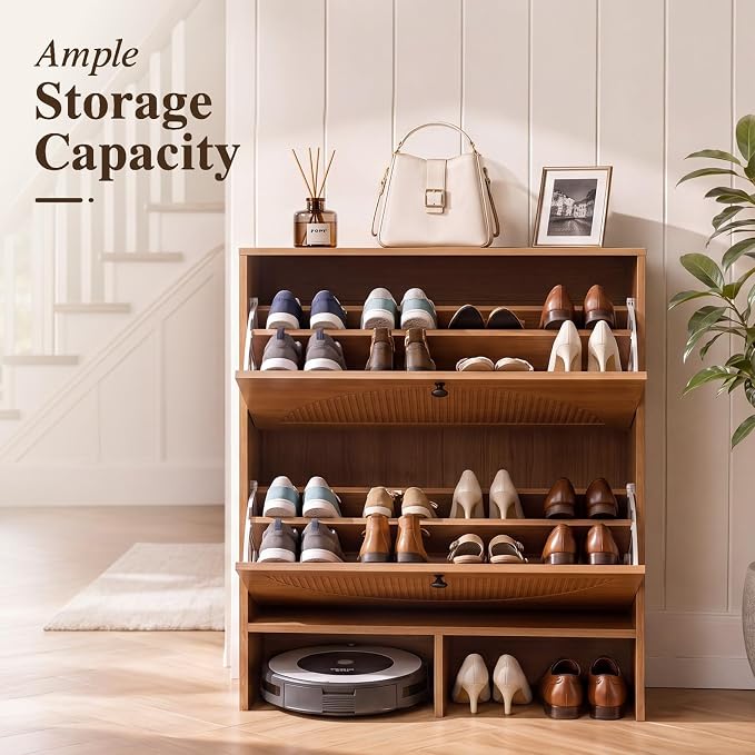 GRUSIGN Shoe Cabinet with 2 Flip Drawers, Narrow Shoe Cabinet Storage for Entryway, Freestanding Shoe Organizer with Adjustable Shelves & Anti-Tipping Device, Shoe Rack Cabinet for Hallway, Foyer