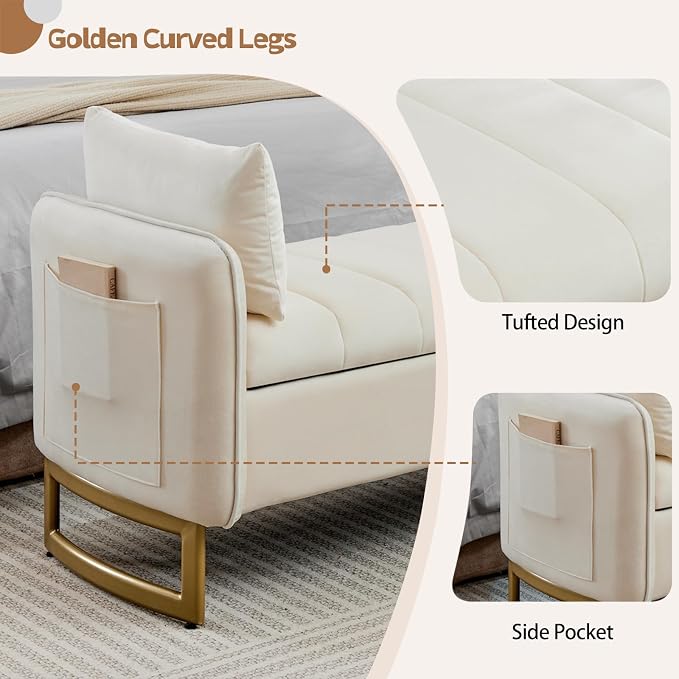 66" End of Bed Storage Bench King Size, Velvet Storage Benches for Bedroom Foot of Bed, Upholstered Storage Ottoman Bench with Golden Legs and Pillow for Living Room Window Entryway, Cream