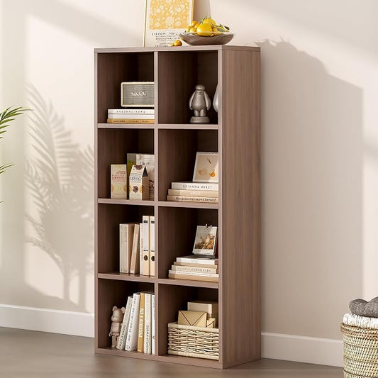 OSCHF 8-Cube Storage Shelf Bookcase, Walnut | Wooden 4-Tier Open Bookshelf, Fits 11×11" Bins, Vertical or Horizontal Use, Full Back Panels, For Home Office