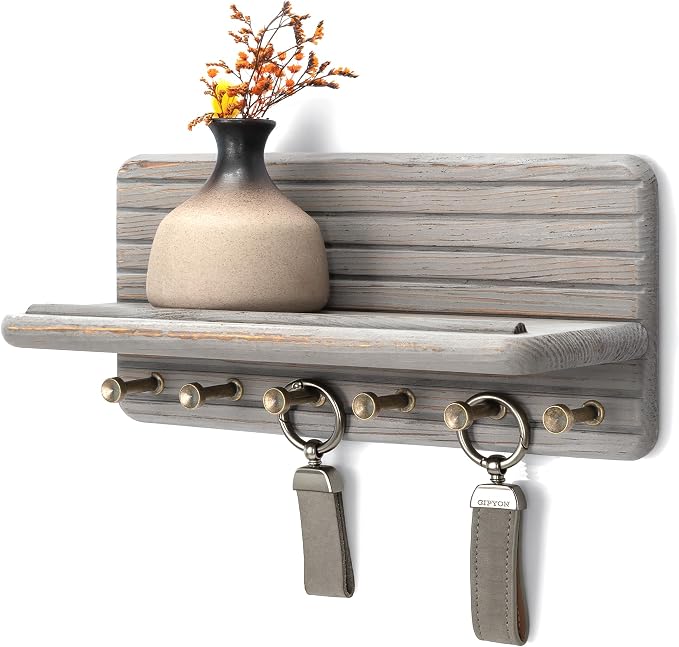 Rebee Vision Pine Wood Key Holder Wall Mount for Entryway, Distressed Gray | Wooden Key Holder for Wall with 6 Hooks, Floating Shelf, Mail Organizer, Farmhouse Home Organization Accent