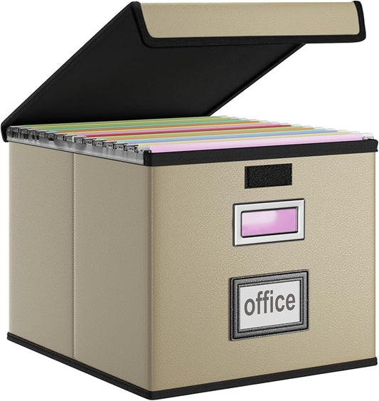 File Organizer Box with Lids, Collapsible File Folder Organizer | File Box with Plastic Slides for Document, Filing Bin for Letter Size Hanging File Folders (1 Pack, Khaki, Leather)