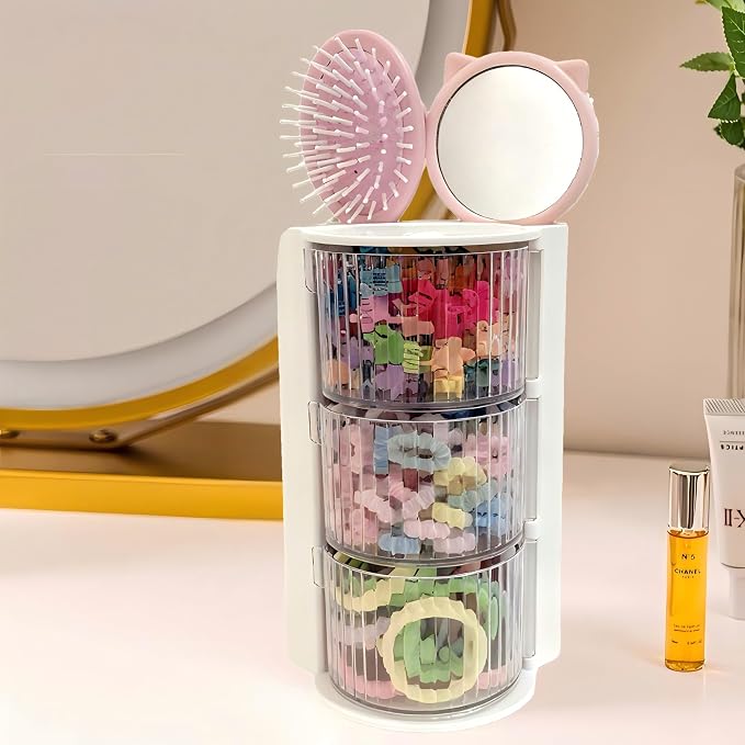 Hair Accessories Organizer with Hair Brush Holder(Stripe White, 3-Layer) | Rotatable Makeup Brush Holder for Necklaces, Earring, Bracelet, Ring, Makeup Brushes, Hair Clip and Hair Accessories