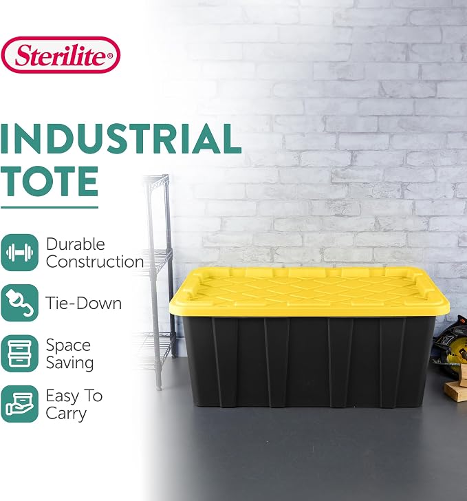 Sterilite 8-Pack Industrial Tote, Plastic Storage Container Bins with Lids, 38 Gallon - Heavy-Duty Organizing Containers for Closet, Bathroom, and Office