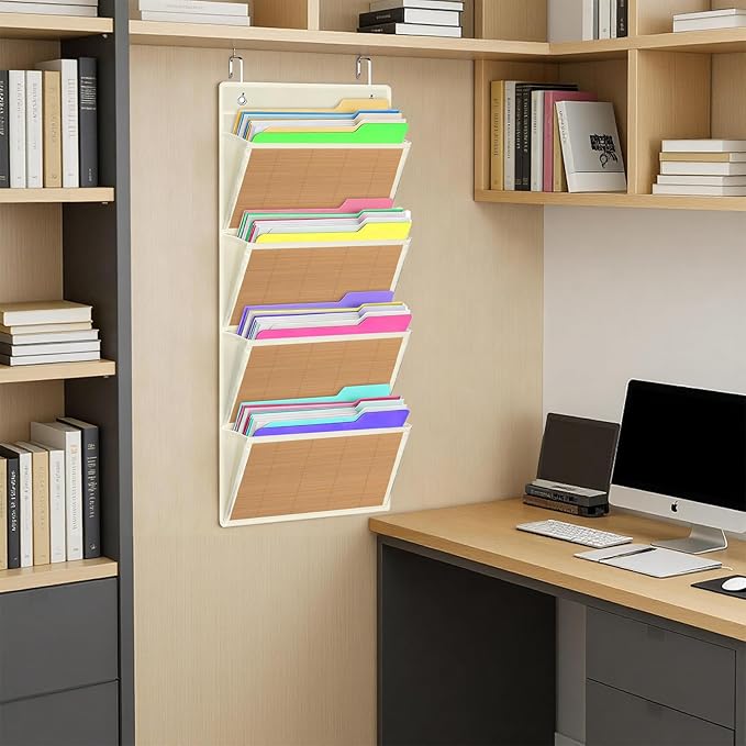 hanging wall file organizer, Over the door file folder organizer with 4 Large Bamboo Pockets, Suitable for Home, Office, Back to School Supplies Storage and Organization (Beige)