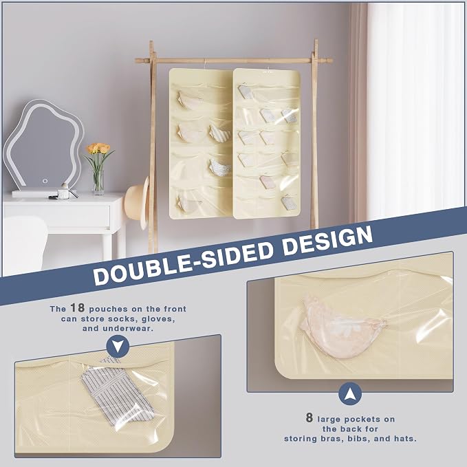26-Pocket Hanging Closet Organizer for Socks and Underwear, Beige | Non-woven clear compartments keep bras & leggings visible; swivel hook fits wardrobe, closet rod, wall, door or shelves.