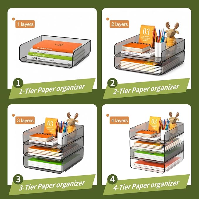 FANXIYQ 4-Tier Acrylic Paper Tray Organizer, 2-Tone Office Paper Organizer | Stackable, Tool-Free Design with 2-4 Tiers for A4 Paper, Files, Books and Mail; Ideal for School, Home Office and Study Room