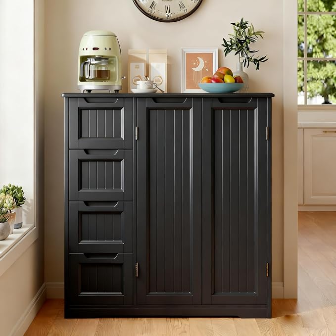 Gizoon Wooden Bathroom Floor Cabinet, Side Storage Organizer Cabinet | Bathroom Storage Cabinet with 4 Drawers & 2 Doors, Adjustable Shelf, Anti-tipping, for Entryway, Living/Dining Room, Black