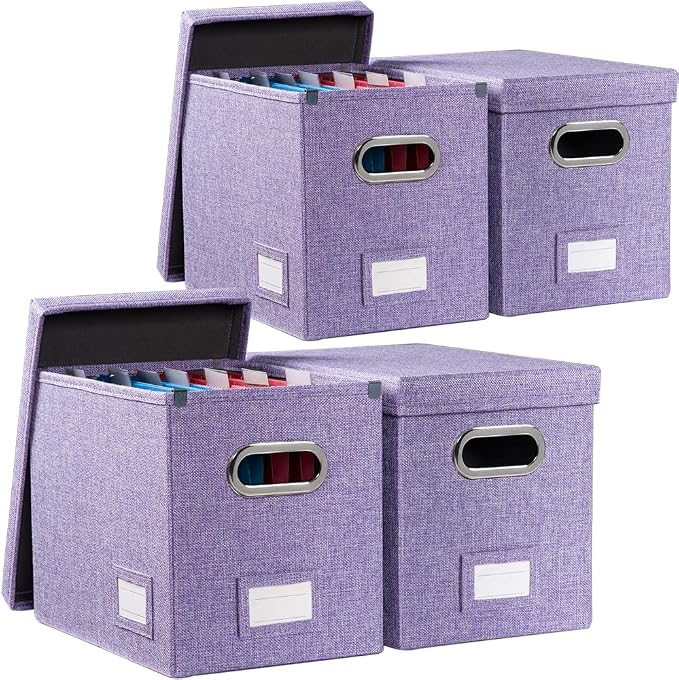 File Organizer Box - Set of 4 Collapsible Decorative Linen Filing Storage Hanging File Folders with Lids Office Cabinet Letter Size Purple (14x9.3x10.8 inch)