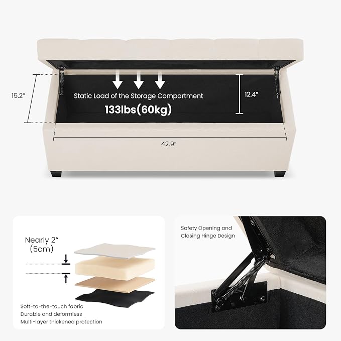 Living&Giving Storage Ottoman Bench for Bedroom, 47.2", Ivory | 47.2-inch storage ottoman with safety hinge, tufted upholstered seat and spacious hidden storage for everyday organization.