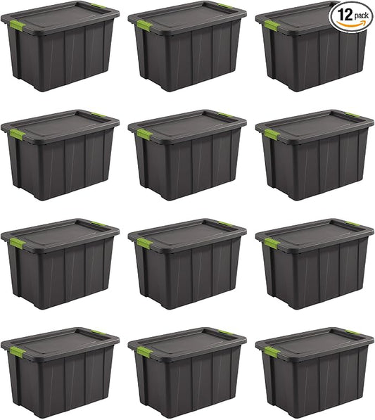 Sterilite Latching Tuff1 Tote Containers w/Lids, 30 Gallon, 12-Pack | Flat Gray, Large Plastic Storage Bins - Heavy-Duty Stackable Organizer Boxes for Home, Office, Basement, Closet, & Garage