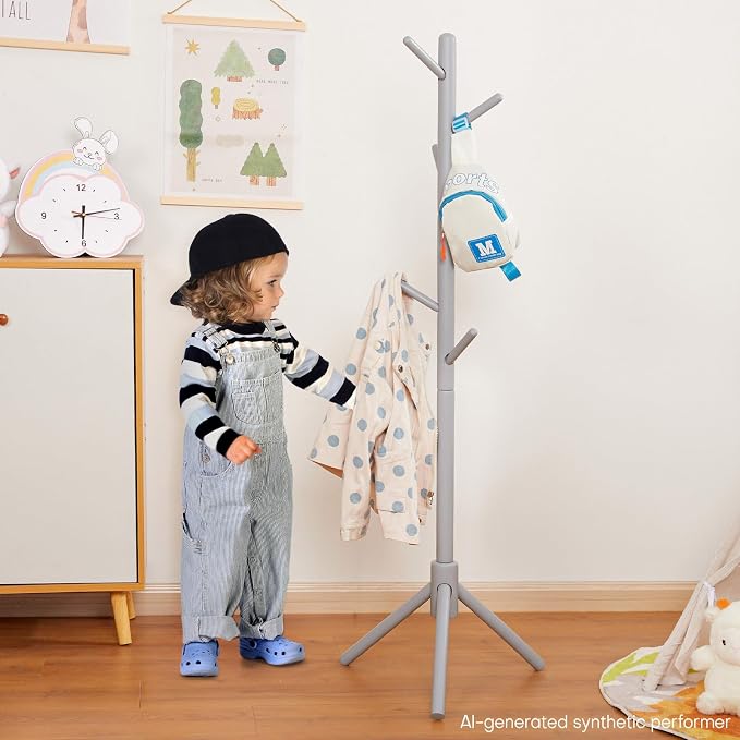 Cozivolife Kid's Coat Rack Stand: Height Adjustable with 9 Hooks (Grey) | Beech Wood Coats Tree for Cloth Hats and Handbags - Freestanding Child Clothes Racks for Hallway Entryway Bedroom