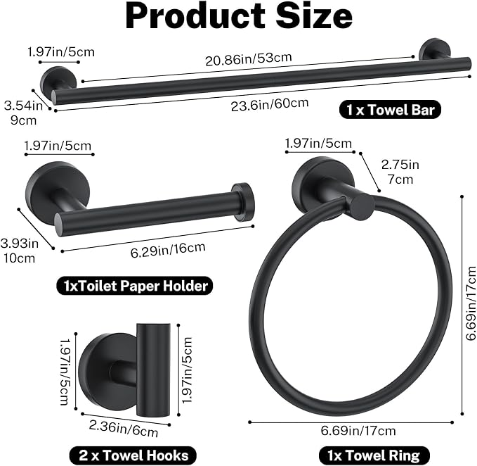 6 Pieces Towel Bar Set Matte Black Bathroom Hardware Set Includes 23.6 Inch Towel Bar,Stainless Steel Wall-Mounted Bathroom Accessory Set