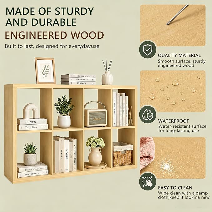 CTESNE【Wooden Thick Frame 8 Cube Storage Organizer Shelf with Anti-Tipping Kits + Reversible Open Back Bookcase, Horizontal and Vertical Dual-use Standing Bookshelf（Oak,13inch）