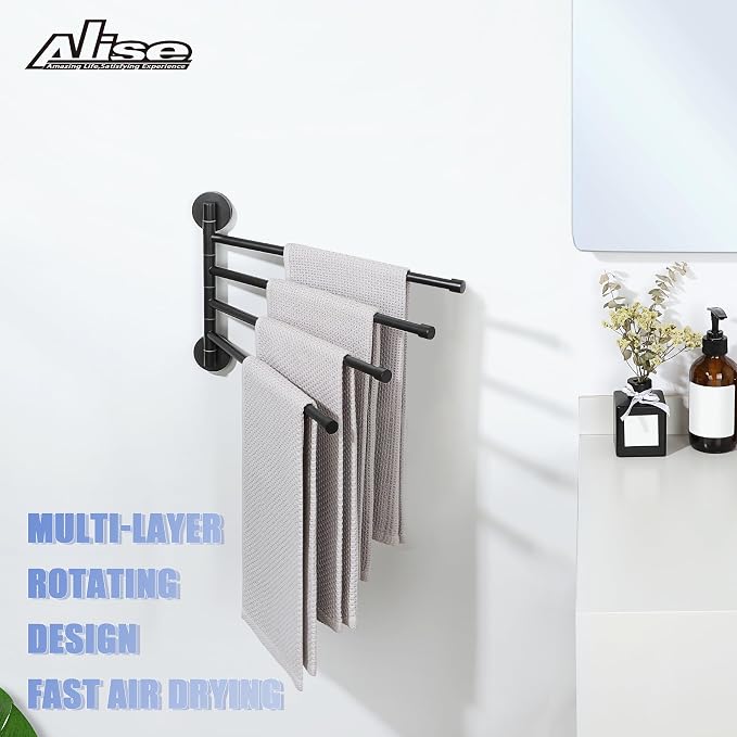 Alise Swivel Towel Rack,Folding 4 Arms Hand Towel Bars Towel Hanger for Bathroom,Wall Mount Drying Racks for Laundry,SUS304 Stainless Steel Swing Out Towel Holder Storage Space Saving,Matte Black | Space Saving Swing Arm Towel Rack for Bathroom Kitchen...
