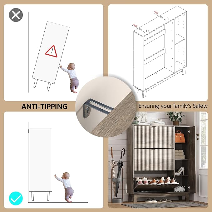Shoe Cabinet Storage for Entryway with 3 Flip Drawers & Side Cabinet, Fluted Narrow Shoe Organizer with Wooden Leg, Freestanding Shoe Storage Hidden Shoe Rack Organizer for Front Door Entrance, Grey