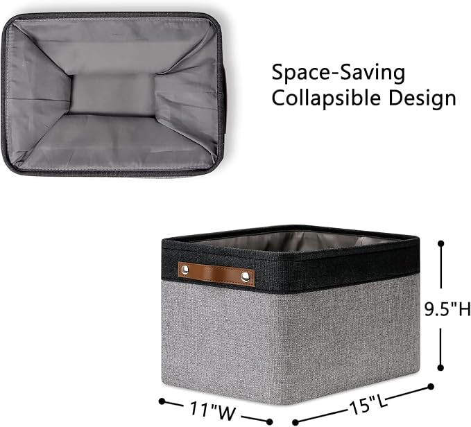 DULLEMELO Canvas Storage Bin with Handles, Fabric Bins for Shelves, Bedroom, Office,Nursery,Fabric Storage Baskets for Toys, Clothes,Gift(Black&Grey,L-15"x11"x9.5",4-Pack)