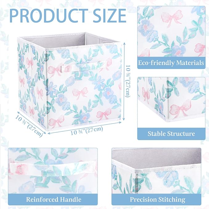 6 Pcs Blue Floral Bow Cube Storage Bins 11 Inch Blue Flower Storage Basket with Handle, Preppy Girls Organizer Basket, Collapsible Fabric Box for Classroom Bedrooms Office Home Decoration Gift