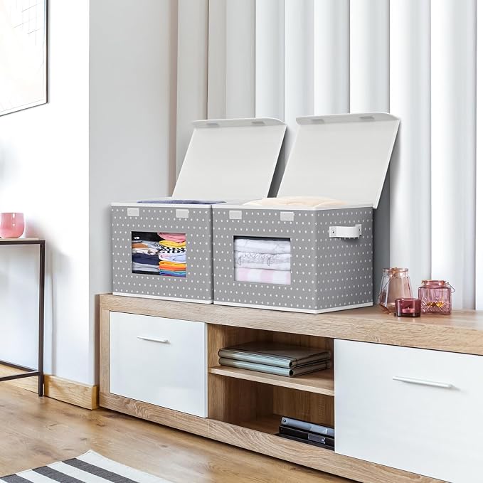 Univivi Fabric Foldable Storage Boxes with Lids, 4 Pack, Gray Star | 17 x 12 x 12 In Large Stackable Storage Bins with Lids, Closet Organizers and Storage Cube Basket for Home, Office, Bedroom