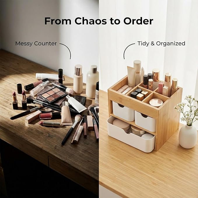 Small Bamboo Makeup Organizer（5.7" D x 8" W x 7.5" H） | Dresser Cosmetic Organizer Box Bamboo Desk Organizer for Home, Adjustable Dividers 3 Drawers