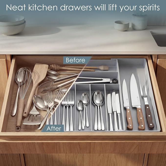 Silverware Drawer Organizer, 9 Slots Expandable Kitchen Drawer Organizer | Extra Large Utensil Holder & Cutlery Tray, Heavy Duty Stainless Steel Frame Flatware Organizer, Non-Slip Feet Included, Gray