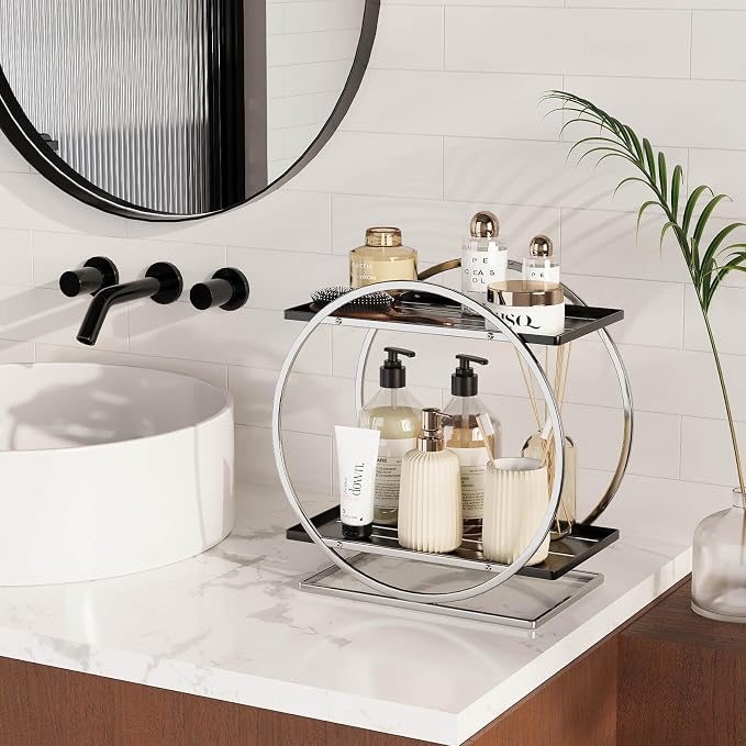 Bathroom Counter Organizer, 2-Tier Perfume Organizer for Dresser | Silver Black Bathroom Organizers and Storage, Makeup Organizer Countertop Vanity Tray Skincare Perfume,Bathroom Counter Shelf