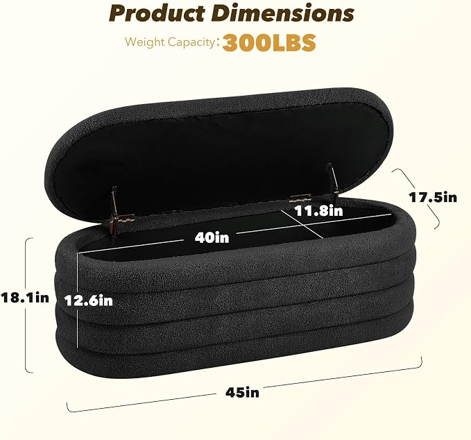 Storage Ottoman Bench, 45'' Upholstered Boucle Ottoman with Storage, Aesthetic End of Bed Bench for Bedroom Living Room Entryway, Black
