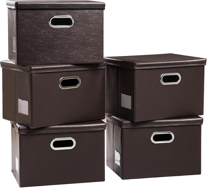PRANDOM Foldable Storage Bins with Lids [5-Pack] Leather Fabric Collapsible Storage Boxes Organizer Containers Baskets Cube with Cover for Bedroom Closet Office Nursery Brown 14.9x10.8x10
