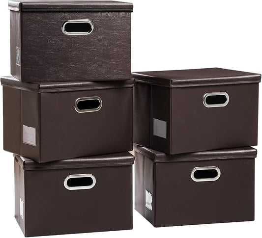 PRANDOM Foldable Storage Bins with Lids [5-Pack] Leather Fabric Collapsible Storage Boxes Organizer Containers Baskets Cube with Cover for Bedroom Closet Office Nursery Brown 14.9x10.8x10
