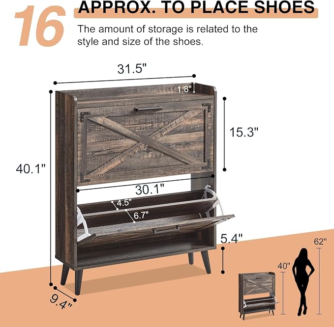 Barnyatoh Farmhouse Shoe Storage Cabinet with 2 Flip Drawers & Barn Door | Freestanding Hidden Slim Narrow Shoe Rack, Adjustable Shelves,Wood Shoes Organizer for Entryway, Foyer, Hallway,Dark Oak