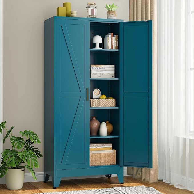 Bevivog 71" Tall Storage Cabinets Farmhouse Freestanding Tall Bookshelf with 2 Doors and 4 Adjustable Shelves, Blue Metal Pantry Cabinet for Kitchen Living Room, Home Office, Laundry, Bathroom